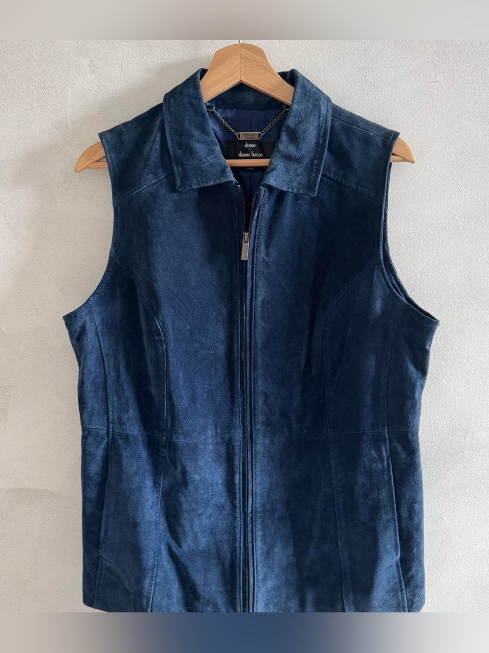 dennis basso - navy suede leather zip-front vest - Size M